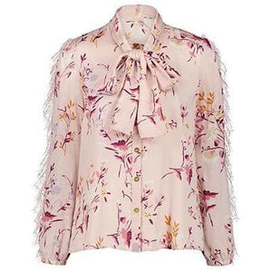 Satin pink floral print pussy-bow lace blouse Women Clothing ByTiMo 