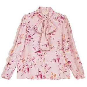 Satin pink floral print pussy-bow lace blouse Women Clothing ByTiMo XS 